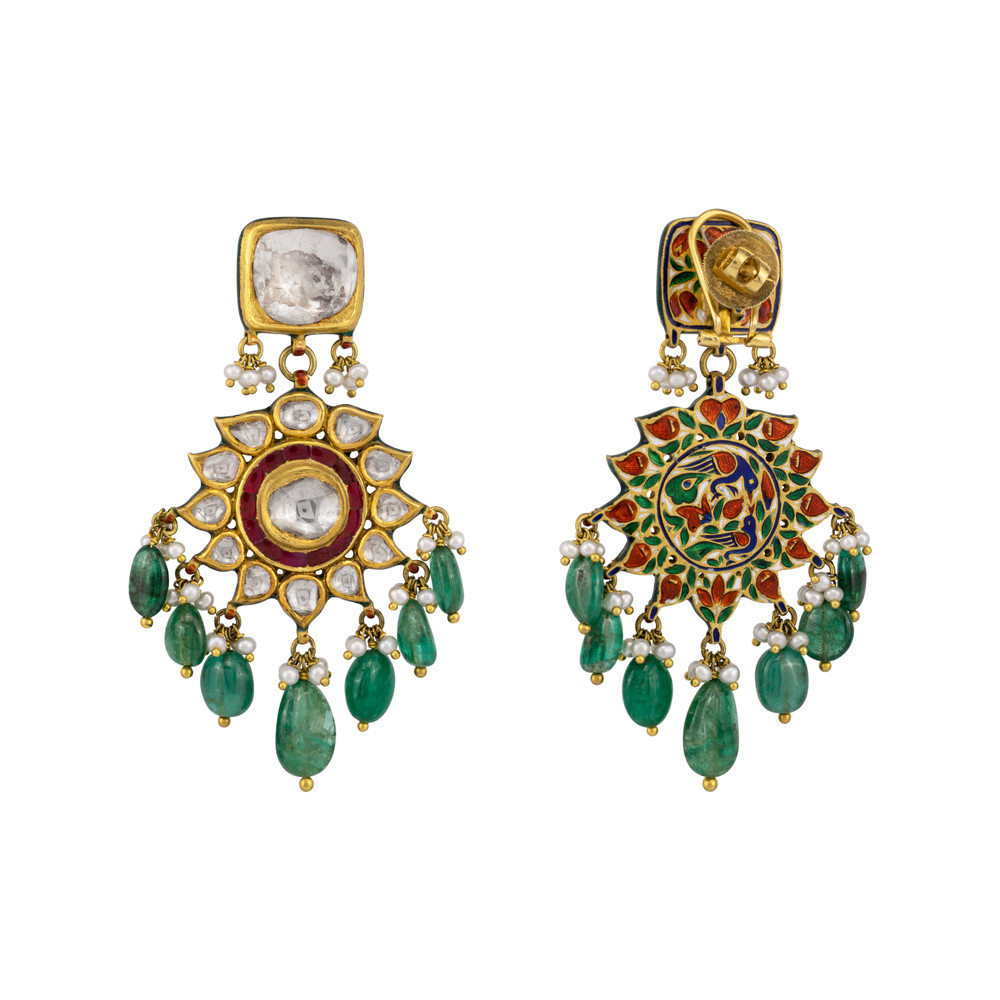 Red Talaf Earring with Emerald and Polki Floral Design
